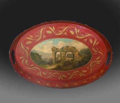 George III Pontypool tray with an oval painting