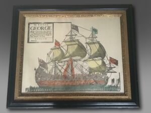 Copperplate Engraving of important size with contempory hand colouring Dated 1751 Inscribed The Royal George . Built at Woolwich by John Achworth Efq. and Launch'd September 17th 1751. Is in Lengh 200 Foot, in Breadth 49 Foot , Carrying 116 Guns. Printed Dublin