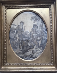 Silk embroidery in original giltwood frame." "Shepherd playing the pipes"