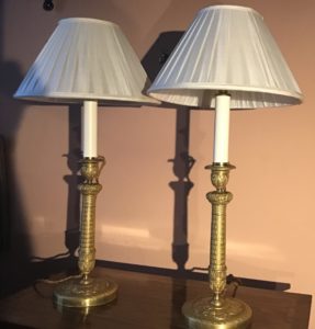 Pair of fine early !9th century gilt candlesticks converted to lamps