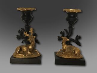 Charming pair of small Regency bronze and gilt Stag and Doe Candlesticks
