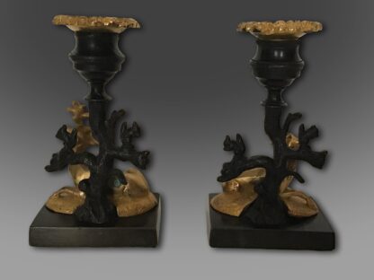 Charming pair of small Regency bronze and gilt Stag and Doe Candlesticks